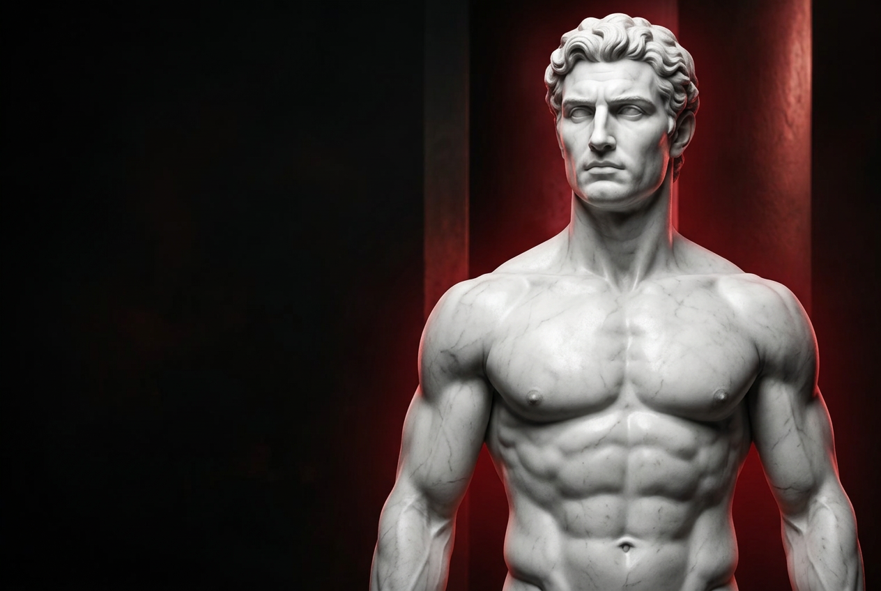 A powerful classical marble male sculpture lit against deep crimson shadows